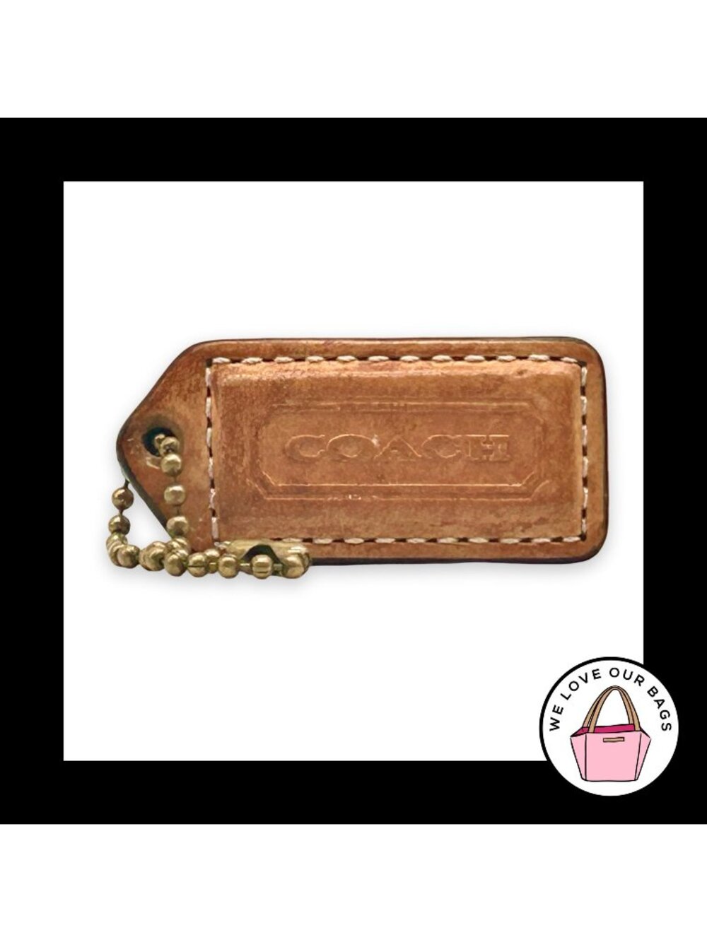 COACH Y2K VINTAGE Hang Tag 2" Brown Leather Bag Charm Keychain Fob Antique Brass